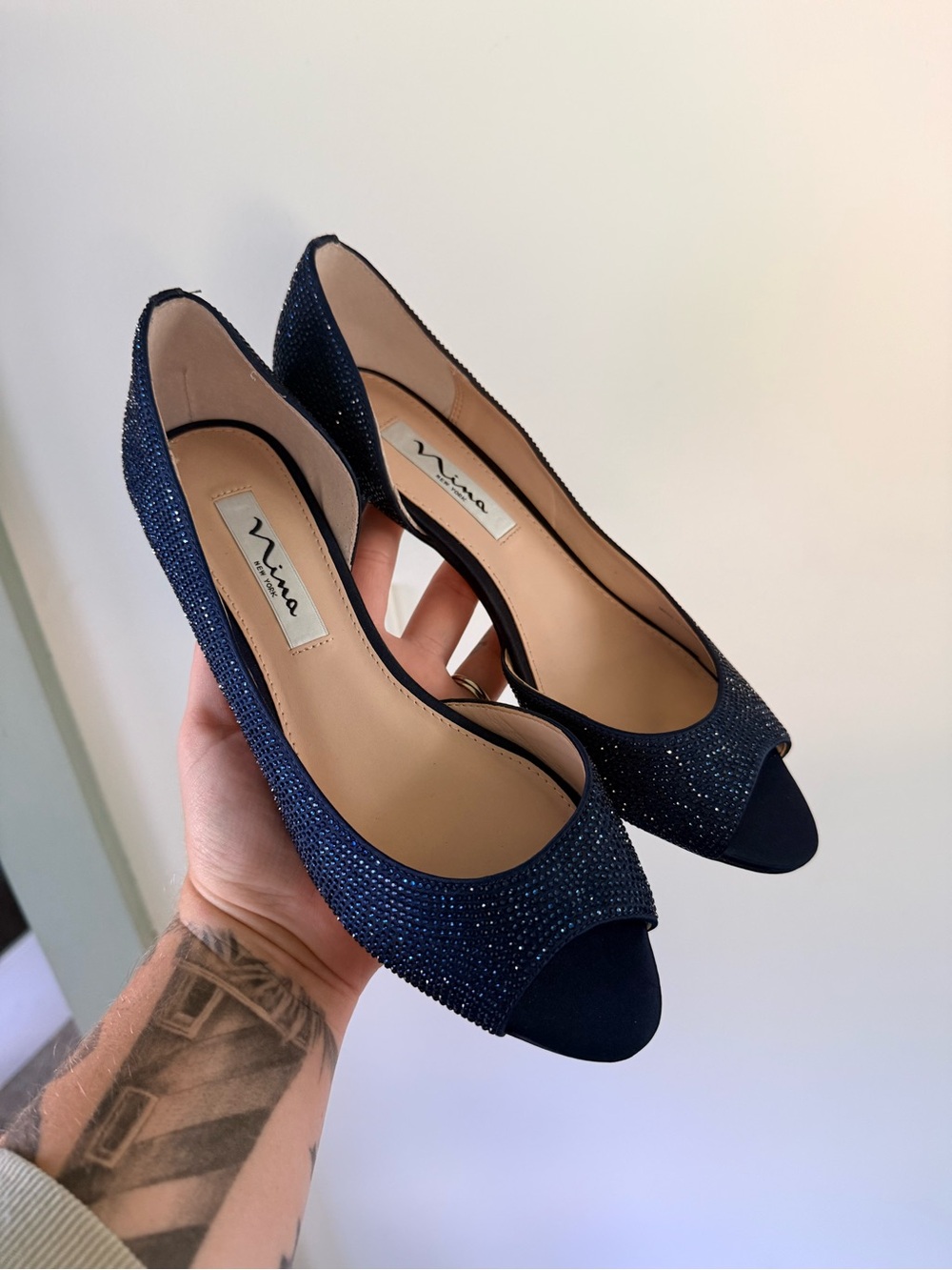 Nina Navy Open-Toe Sparkle Flats